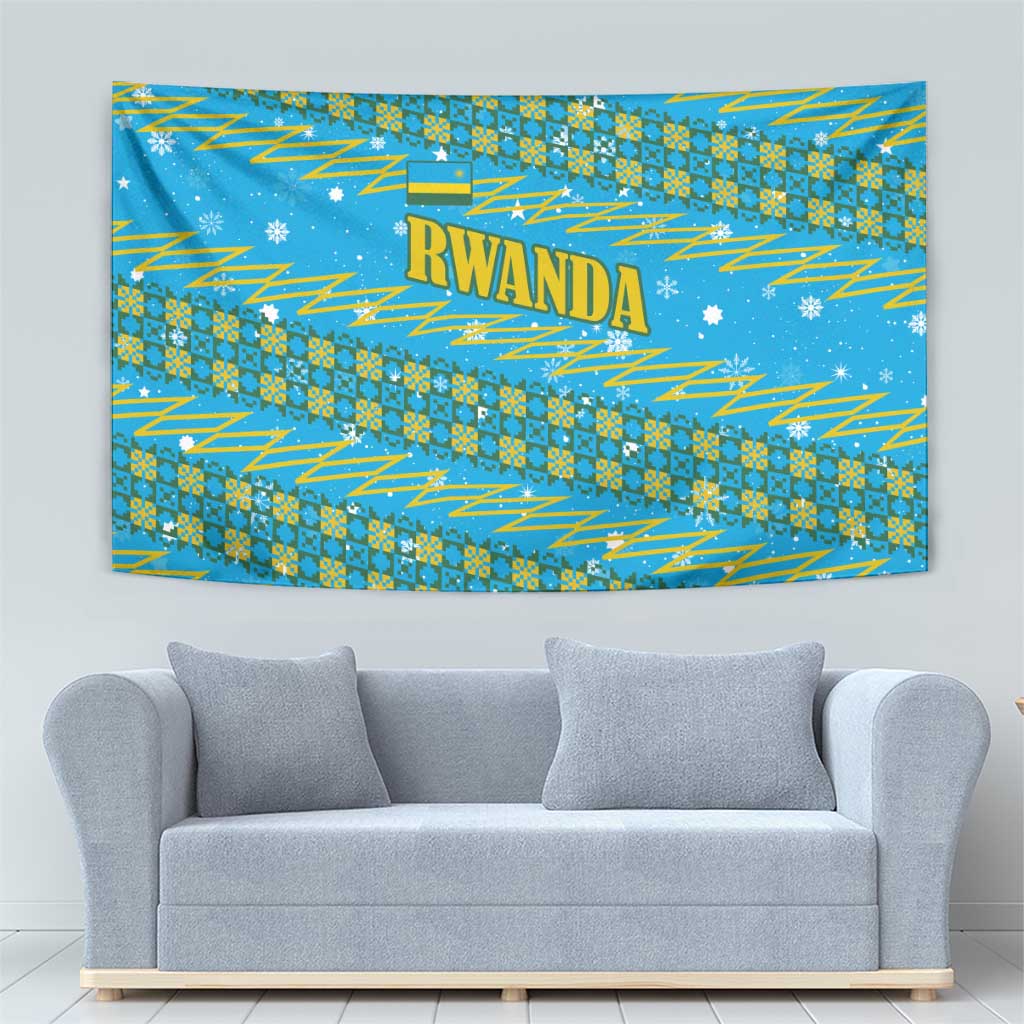 Rwanda Christmas Tapestry with Blue-Yellow Pattern, Festive Geometric Motifs, and Bold Typography - Wonder Print Shop