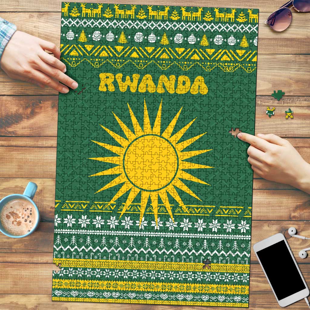 Rwanda Christmas Puzzle with Green-Yellow Pattern, National Emblem, and Radiant Sun Motif - Wonder Print Shop