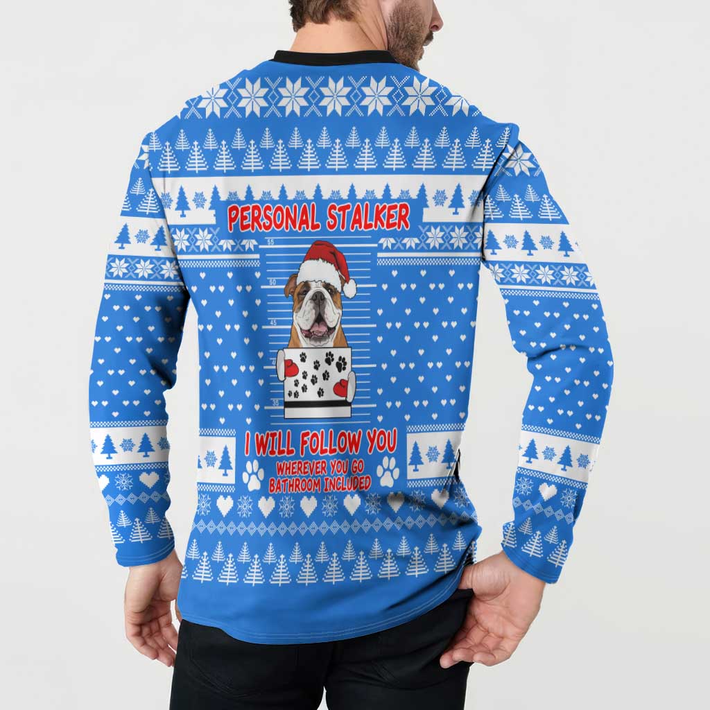 Christmas Stalker Bulldog Button Sweatshirt Xmas Holiday Patterns - Wonder Print Shop