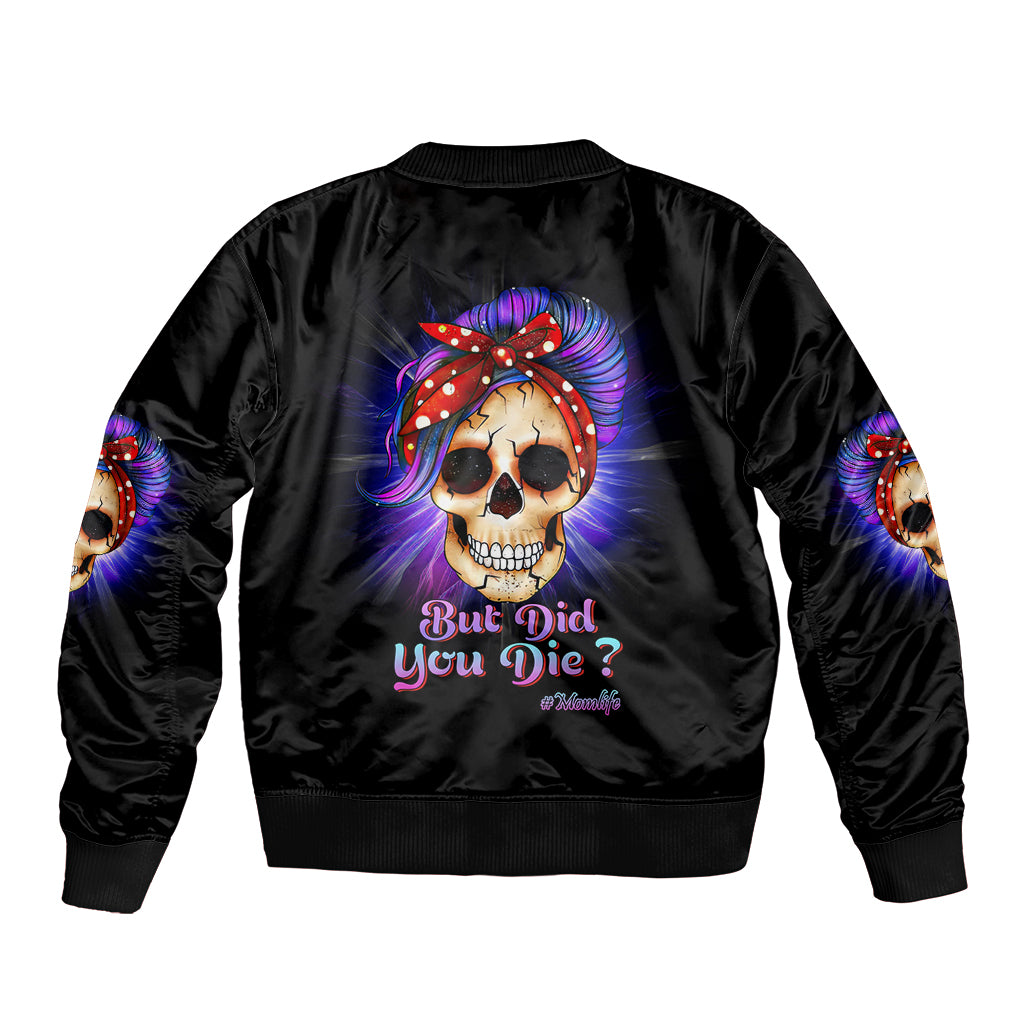Black satin bomber jacket with colorful skull graphic on back, ribbed collar and cuffs