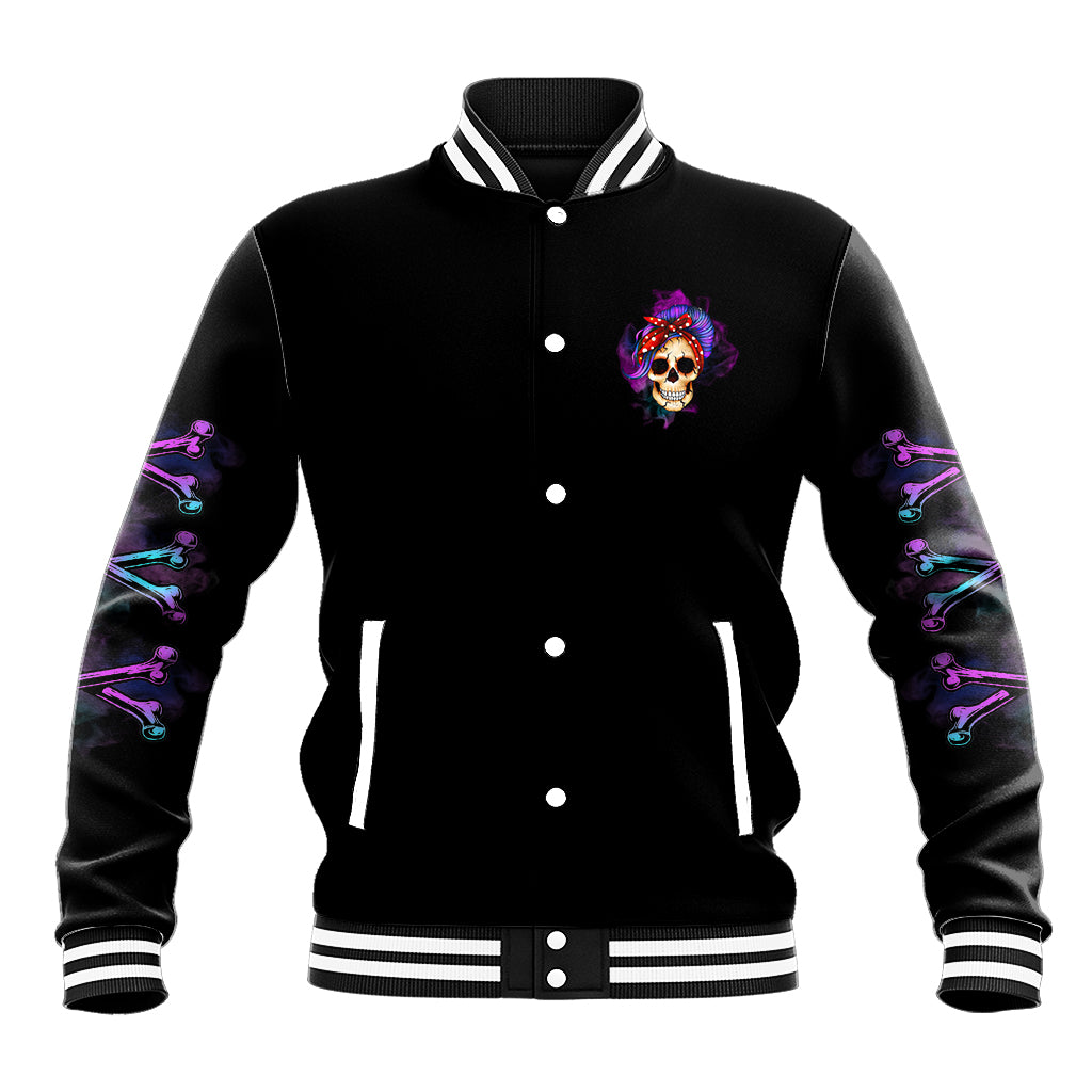 Black varsity baseball jacket with purple skull patch on chest, striped cuffs and hem