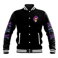 Black varsity baseball jacket with purple skull patch on chest, striped cuffs and hem