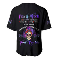 Black baseball jersey with colorful skull and large text graphic, short sleeves