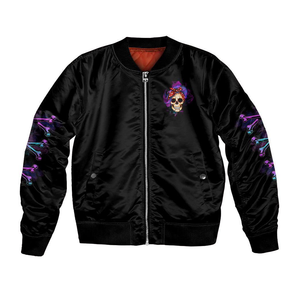 Black bomber jacket with front zipper and small skull graphic, ribbed cuffs and hem