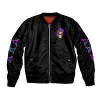 Black bomber jacket with front zipper and small skull graphic, ribbed cuffs and hem