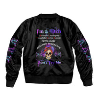 Black satin bomber jacket with large skull graphic on back, ribbed hem and cuffs