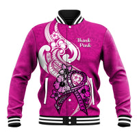 Unisex purple baseball jacket with snap-front, striped ribbed cuffs, front graphic