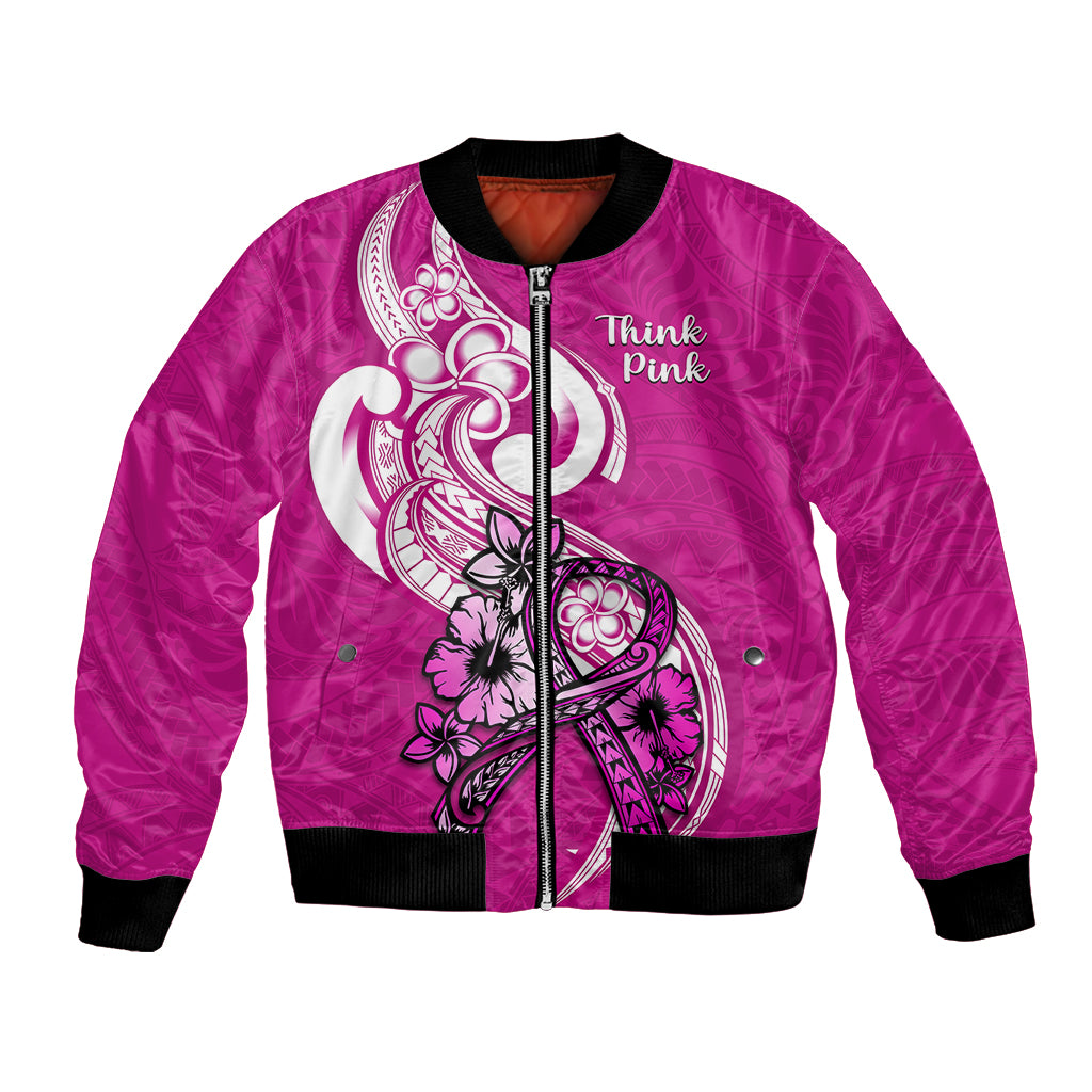 Unisex purple bomber jacket with front zipper, circular skull graphic and 'Think Pink' text