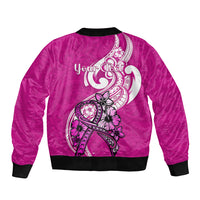 Unisex purple satin bomber jacket with graphic skull-bun woman and ribbed trims