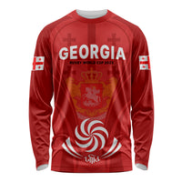 Red unisex long-sleeve shirt with front 'GEORGIA' text and rugby crest