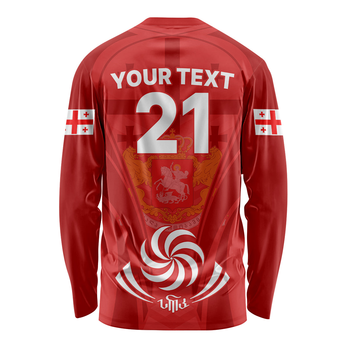 Red unisex long-sleeve shirt with back graphic and large number 21