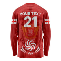 Red unisex long-sleeve shirt with back graphic and large number 21
