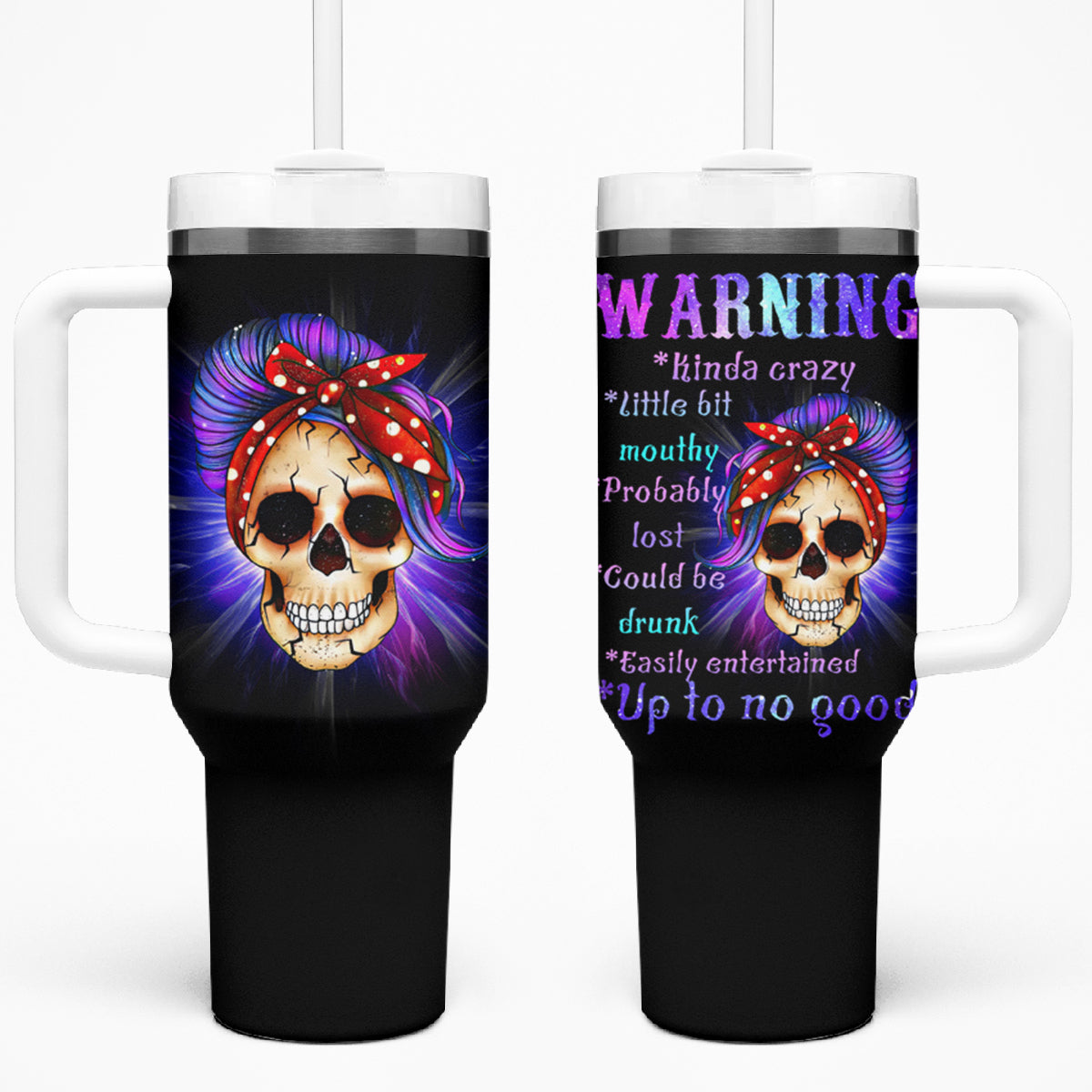 Warning Kinda Crazy Messy Bun Skull Tumbler With Handle