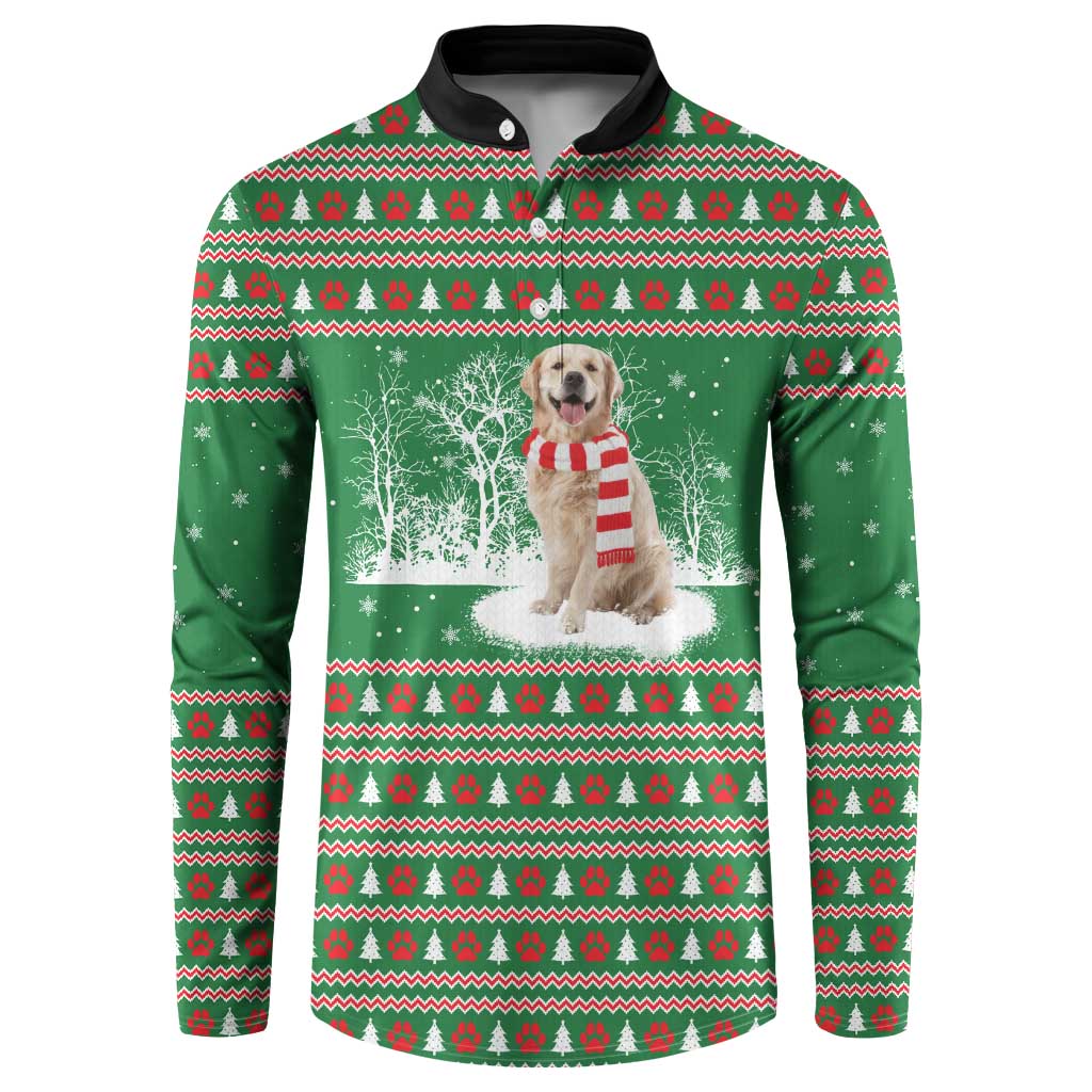 Golden Retriever Christmas Button Sweatshirt with Red Scarf Snowflakes and Tree Pattern - Wonder Print Shop