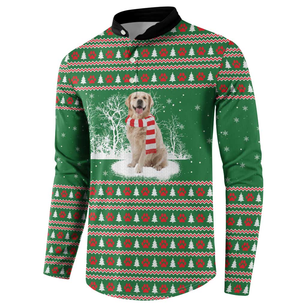 Golden Retriever Christmas Button Sweatshirt with Red Scarf Snowflakes and Tree Pattern - Wonder Print Shop