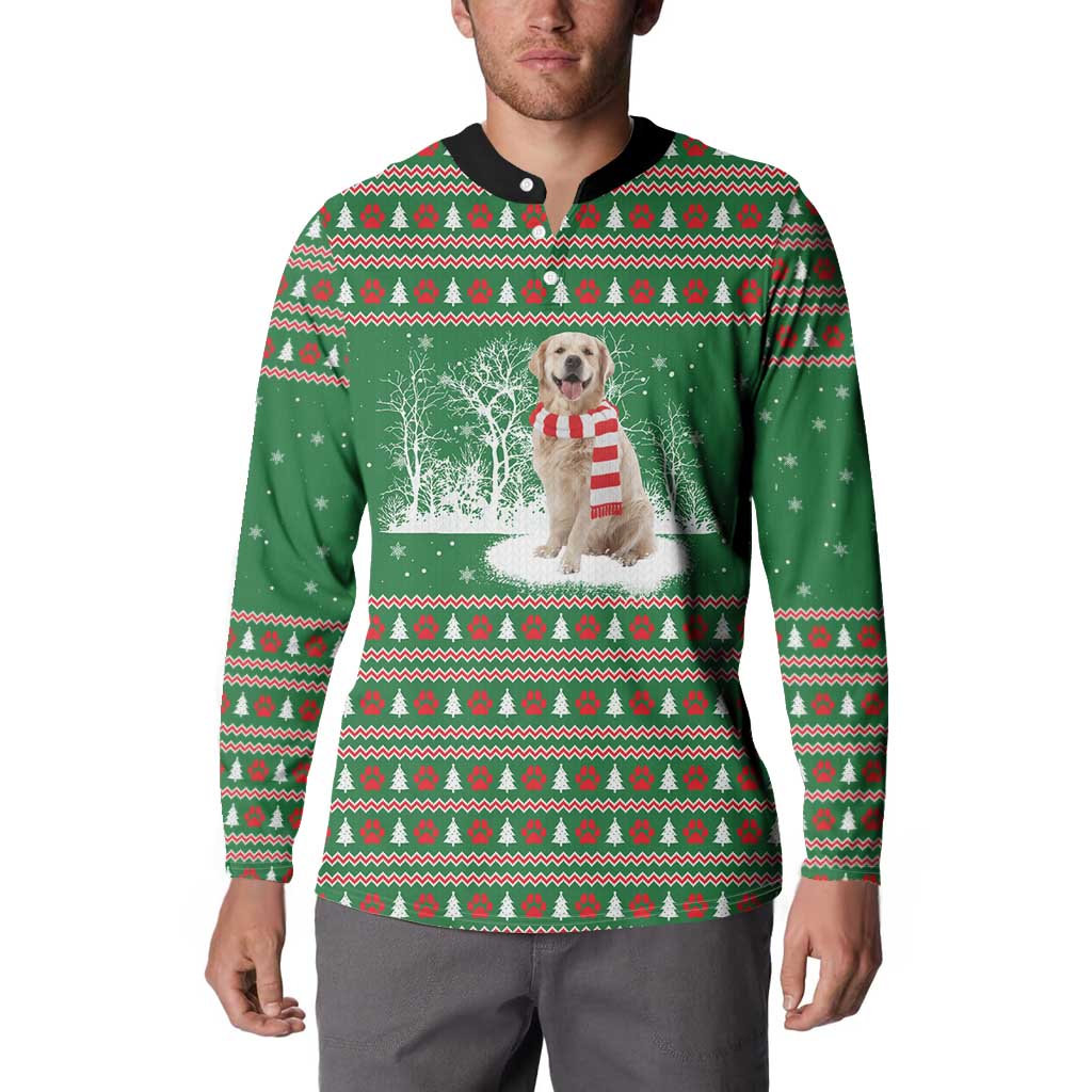 Golden Retriever Christmas Button Sweatshirt with Red Scarf Snowflakes and Tree Pattern - Wonder Print Shop