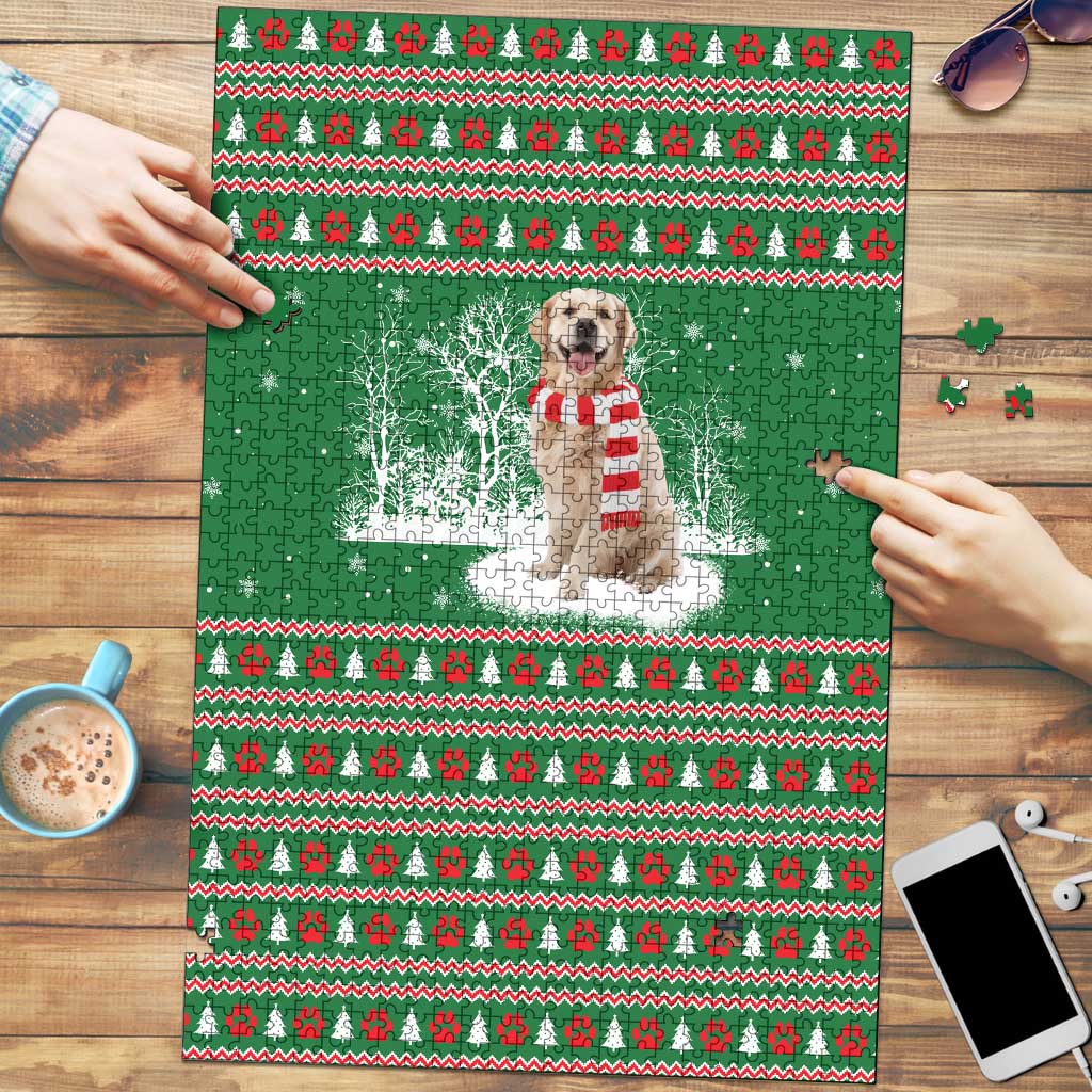 Golden Retriever Christmas Puzzle with Red Scarf Snowflakes and Tree Pattern - Wonder Print Shop