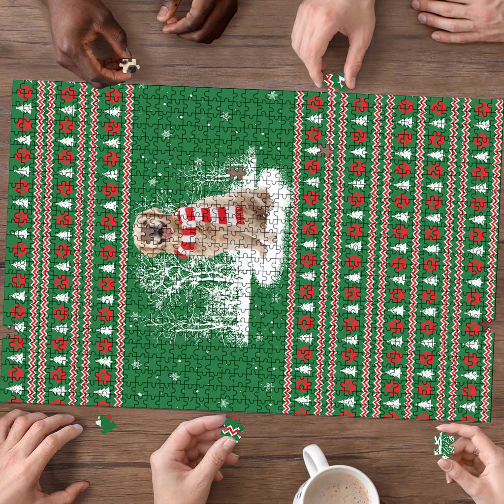 Golden Retriever Christmas Puzzle with Red Scarf Snowflakes and Tree Pattern - Wonder Print Shop