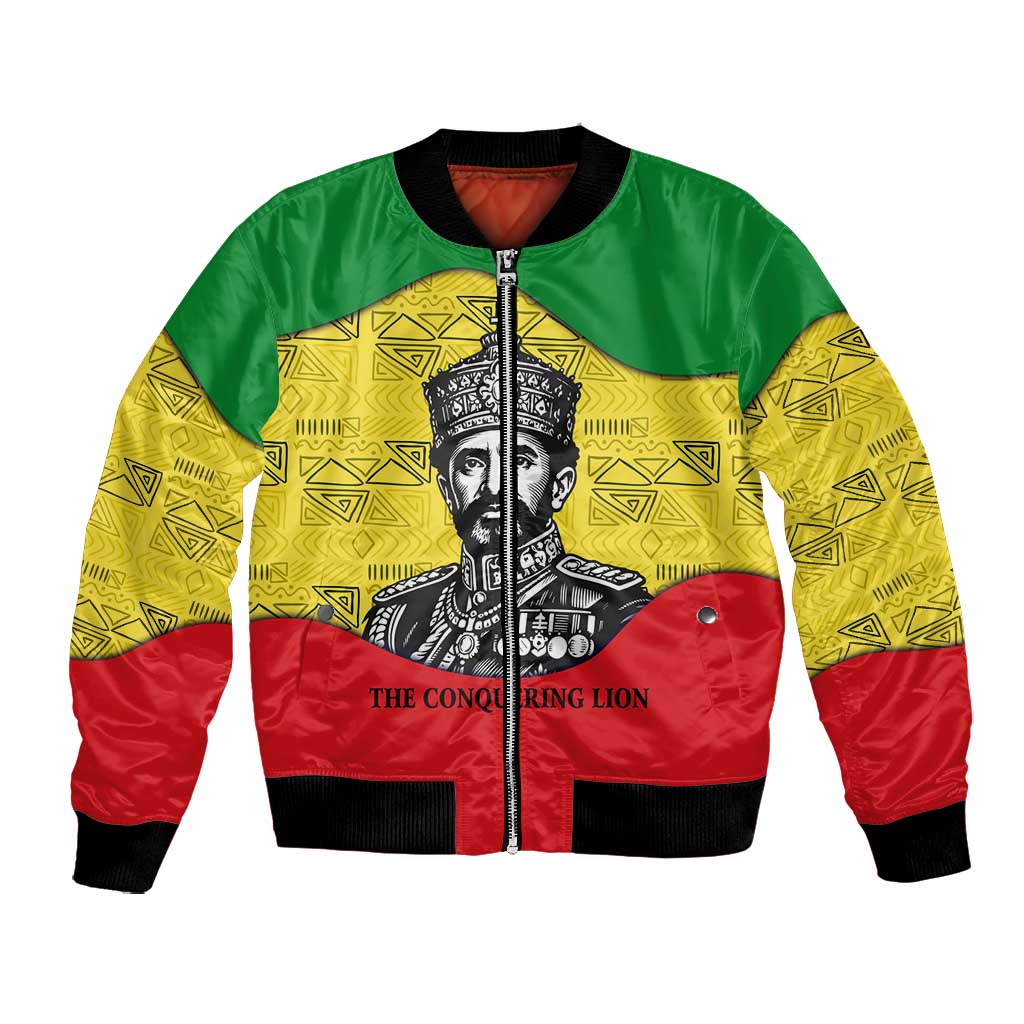Haile Selassie I Bomber Jacket Ethiopia Lion of Judah and Conquering Lion Pattern Tribute - Wonder Print Shop