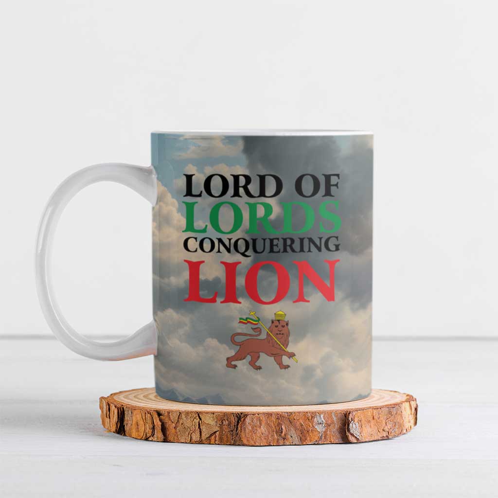 Haile Selassie I Ethiopia Ceramic Mug with King of Kings and Conquering Lion Cloud Rays and Regal Portrait - Wonder Print Shop