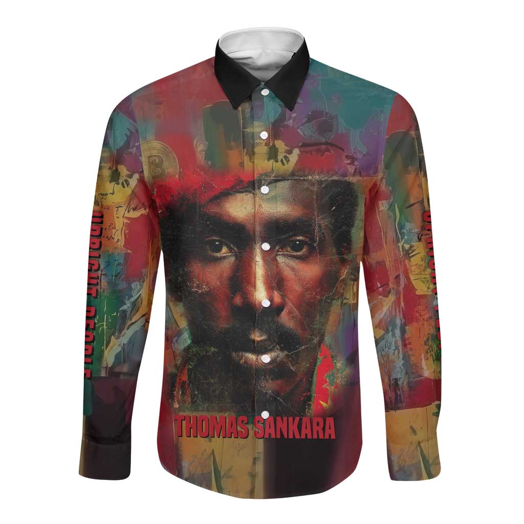 Thomas Sankara Burkina Faso Long Sleeve Button Shirt with Bold Portrait and The Upright Man Tribute Design - Wonder Print Shop