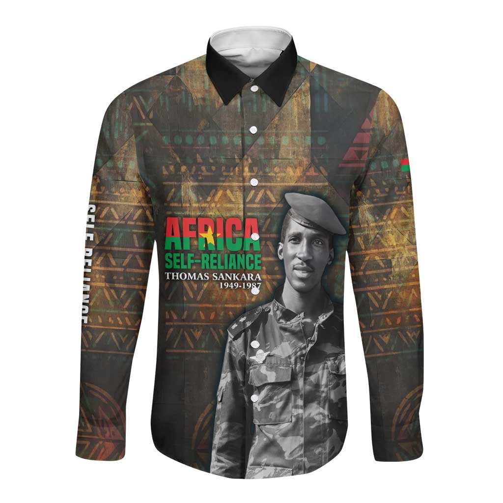 Thomas Sankara Long Sleeve Button Shirt Burkina Faso Africa Self-Reliance Message and Military Portrait - Wonder Print Shop