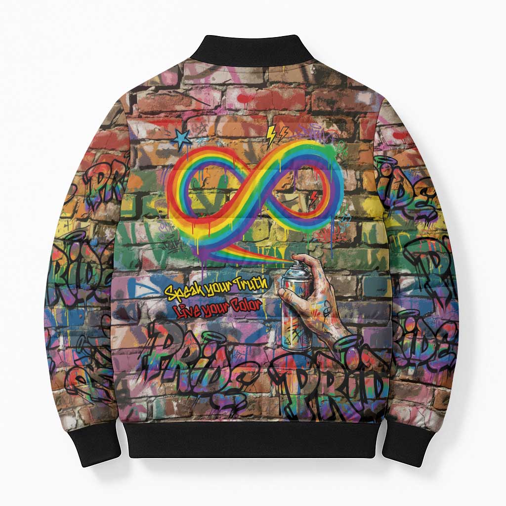 Pride Graffiti Wall Bomber Puffer Jacket Speak Your Truth, Embrace Your Color