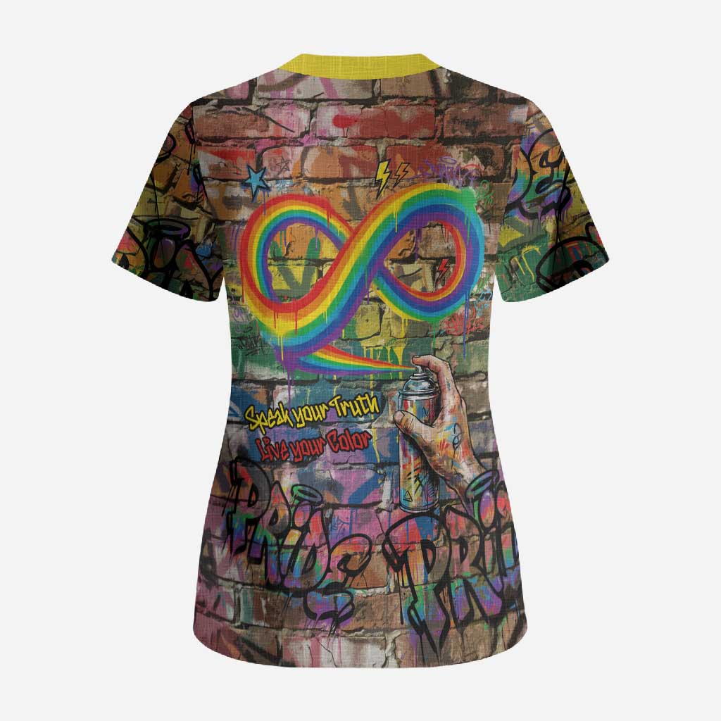 Pride Graffiti Wall Scrub Top Speak Your Truth, Embrace Your Color