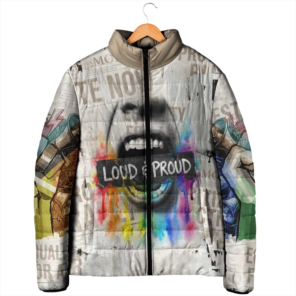 Loud & Proud Padded Jacket Riot and the Rainbow Protest Art