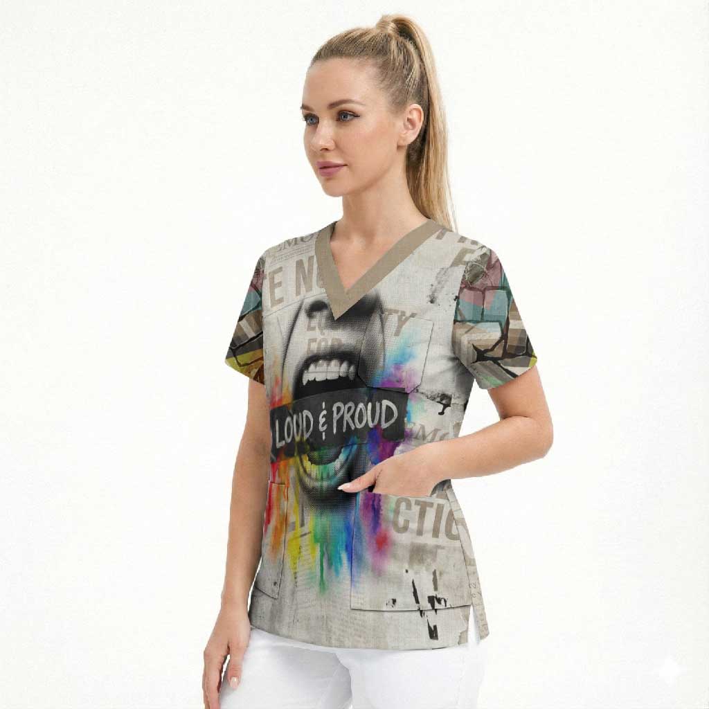 Loud & Proud Scrub Top Riot and the Rainbow Protest Art