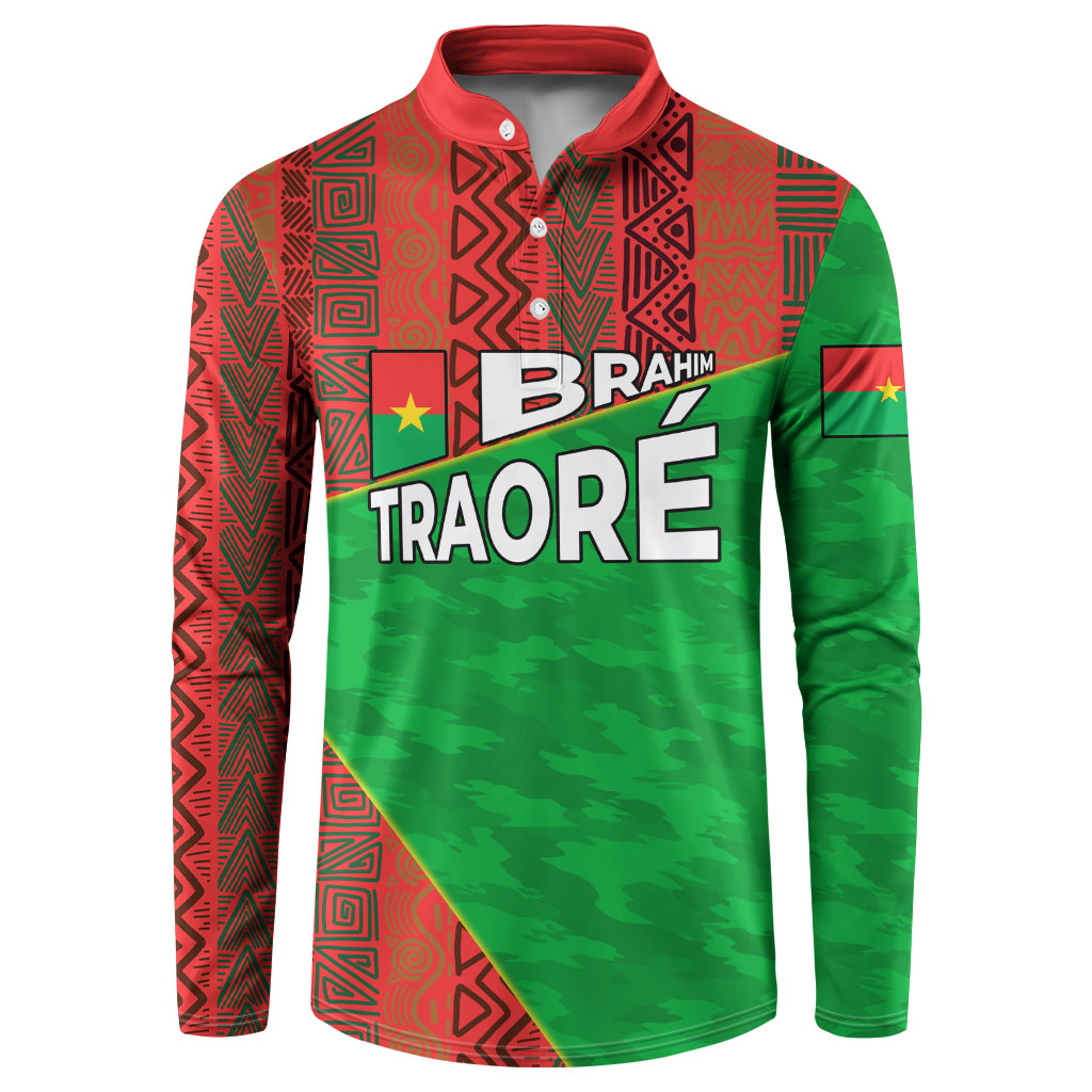 Ibrahim Traore Burkina Faso Fearless Leadership Button Sweatshirt West African Tribal Pattern And Patriotic Camo Art