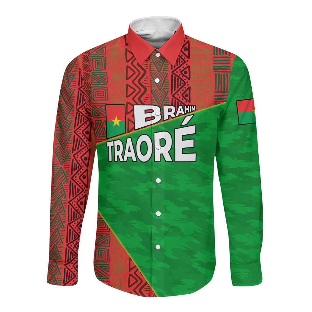 Ibrahim Traore Burkina Faso Fearless Leadership Long Sleeve Button Shirt West African Tribal Pattern And Patriotic Camo Art