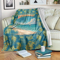 Tropical beach blanket with blue palms and Bahamas logo over ocean sunset scene
