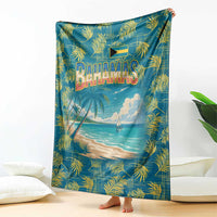 Multicolor tropical beach blanket with Bahamas text, palm fronds, and ocean horizon