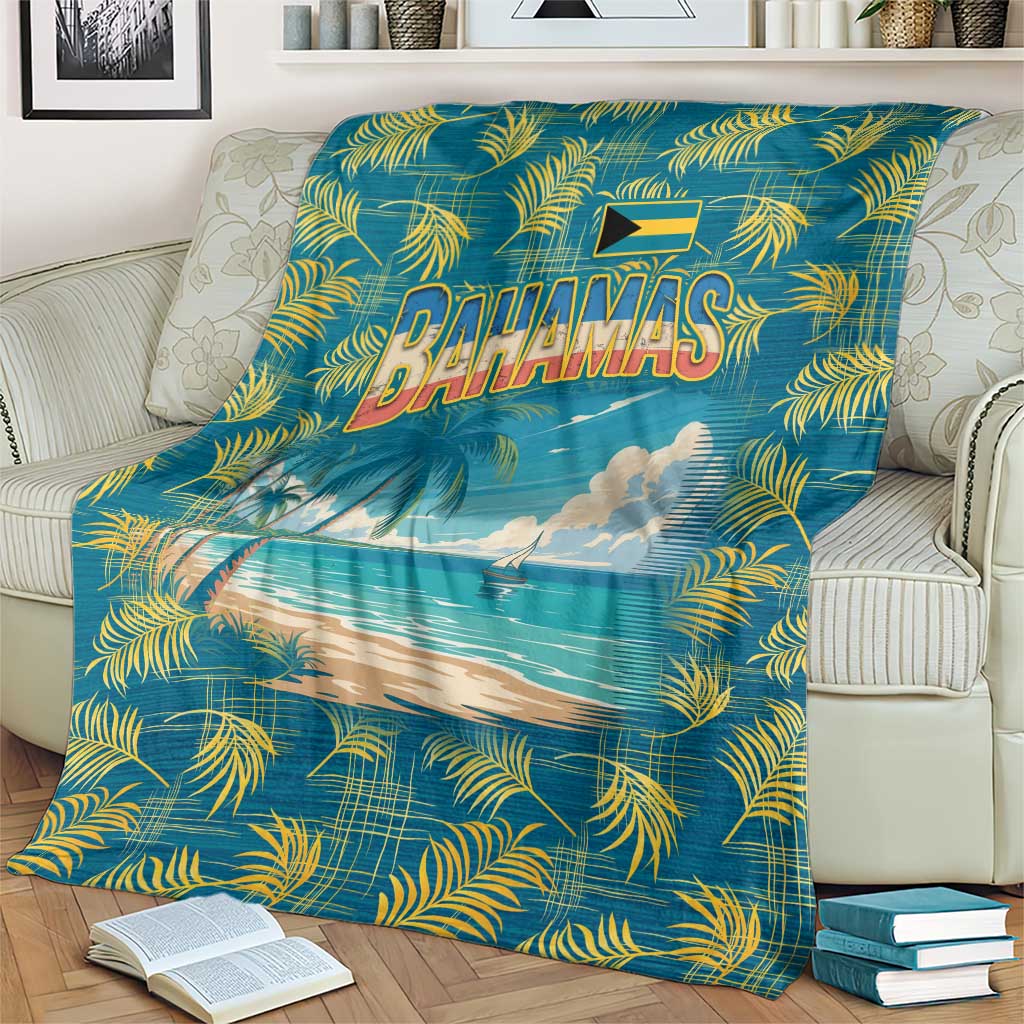 Tropical beach blanket on beige armchair with Bahamas logo, palm leaves, and sea