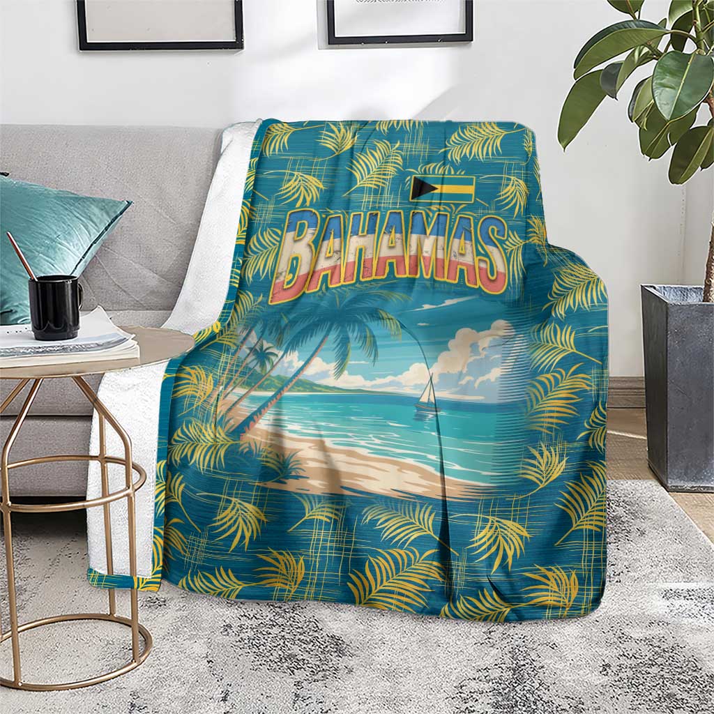 Tropical beach blanket on floor, featuring Bahamas text, palm pattern, and ocean view