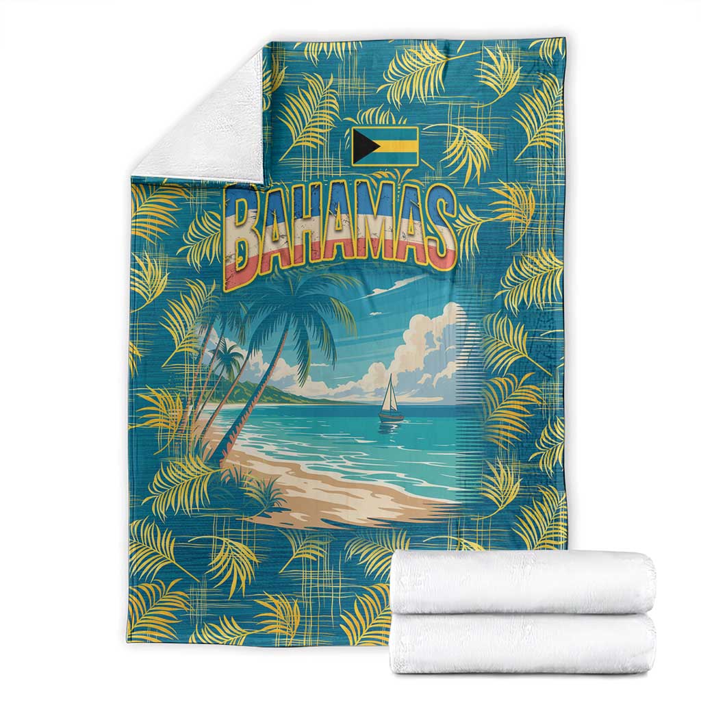 Tropical beach blanket laid flat with Bahamas logo, palm fronds, and ocean sunset