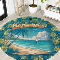 Round tropical beach carpet rug with Bahamas text, palm leaves, and blue ocean scene