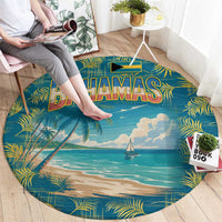 Round tropical beach rug with Bahamas lettering, sailboat on blue water, palm border
