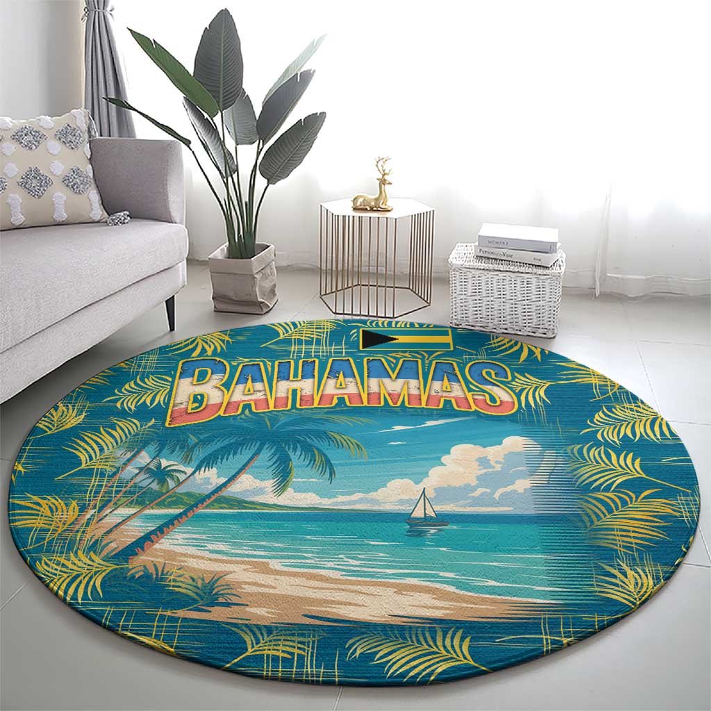 Round tropical beach carpet rug with Bahamas wordmark, palm leaves, and ocean horizon