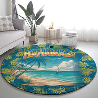 Round tropical beach carpet rug with Bahamas wordmark, palm leaves, and ocean horizon