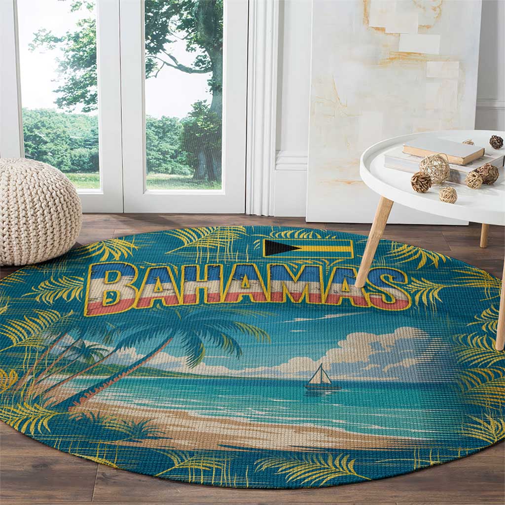 Round beach carpet rug with Bahamas text, palm accents, and sailboat in blue sky