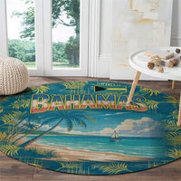 Round beach carpet rug with Bahamas text, palm accents, and sailboat in blue sky