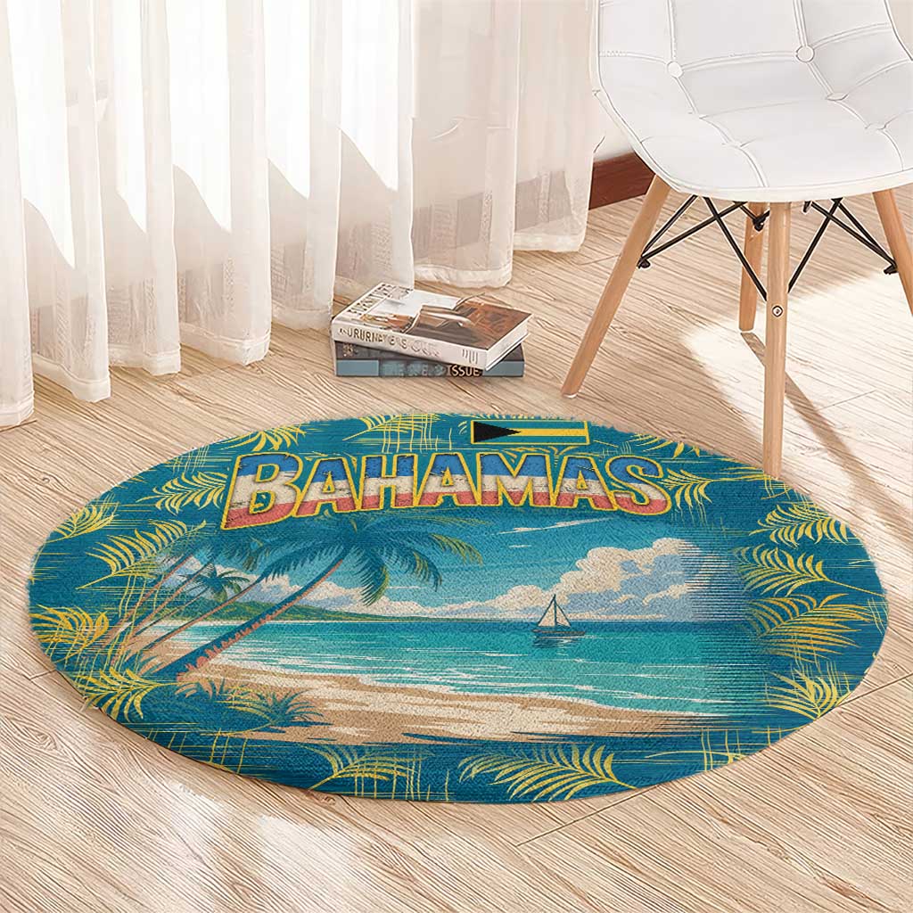 Round tropical beach rug with Bahamas lettering and palm frame around ocean landscape