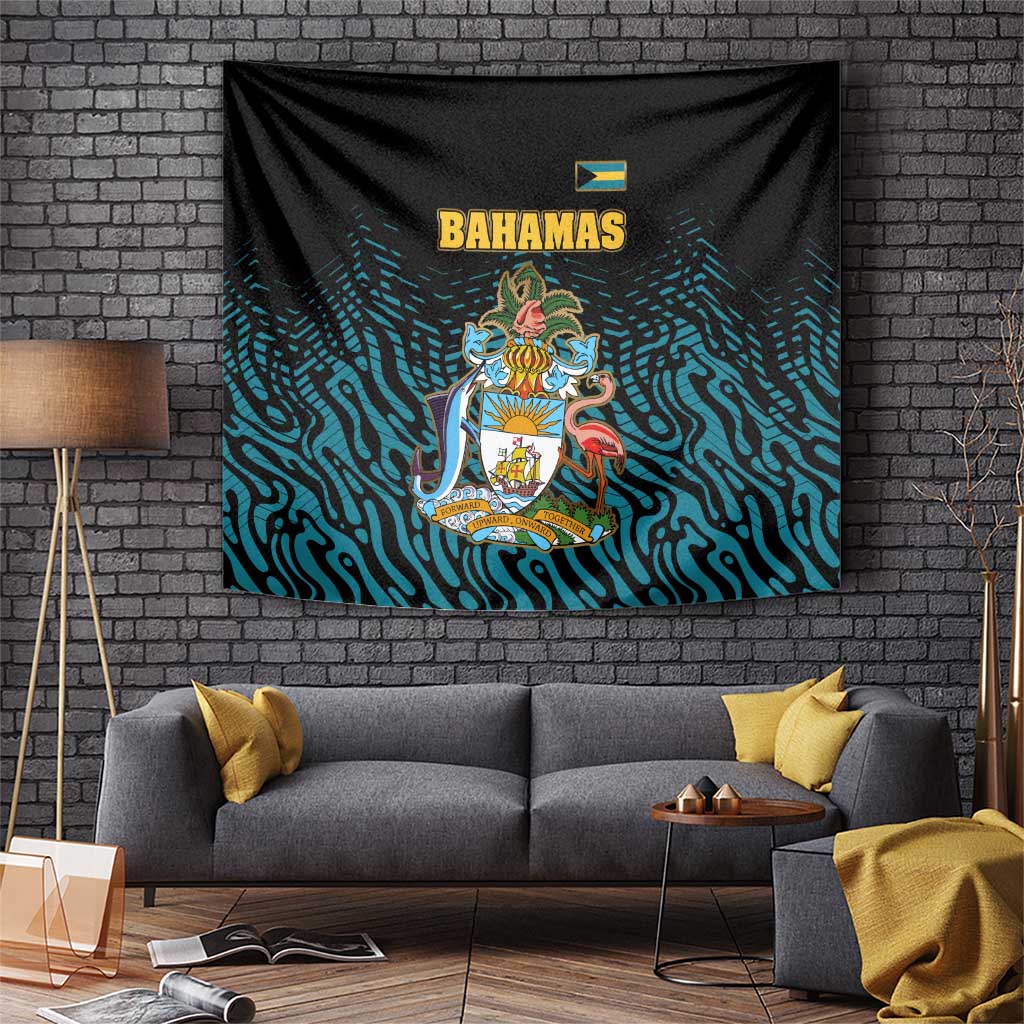 Bahamas Coat of Arms and Flag Tapestry with Blue Coral Pattern and Marlin Crest - Wonder Print Shop