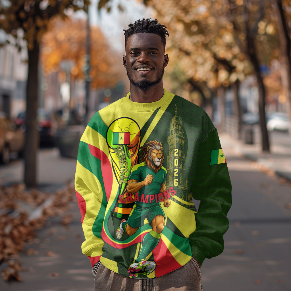 Personalized Senegal Champions World Football 2026 Sweatshirt Lions Of Teranga - Great Mosque Of Touba Pattern
