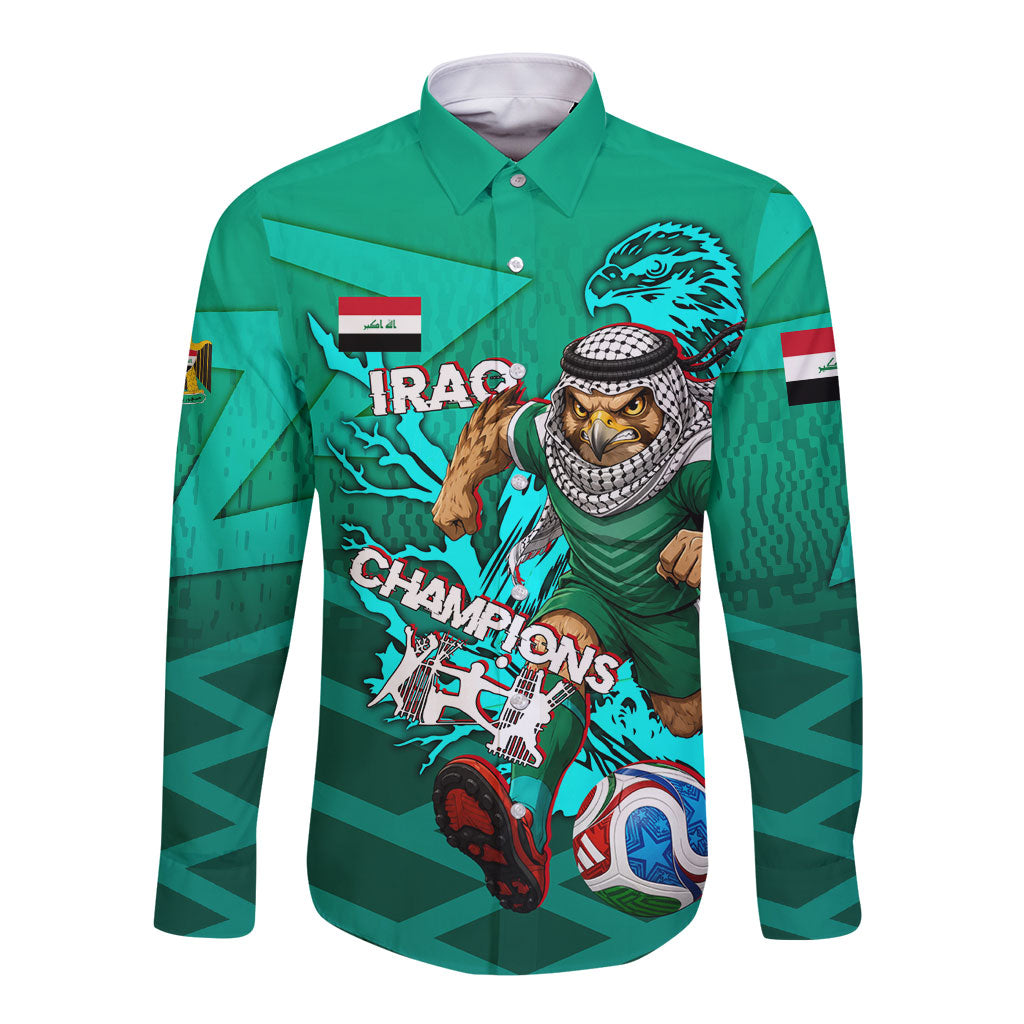 Personalized Iraq Football Champions Long Sleeve Button Shirt Fierce Eagle Mascot In Keffiyeh