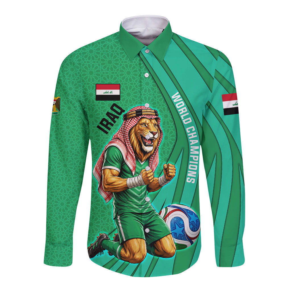 Personalized Iraq World Champions Lion Long Sleeve Button Shirt Funny Lion Mascot Traditional Keffiyeh