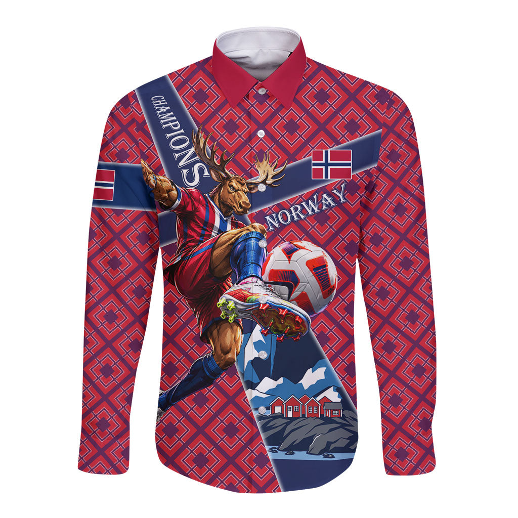 Personalized Norway Soccer Moose Champions Long Sleeve Button Shirt Football Nordic Heritage Mountain Art