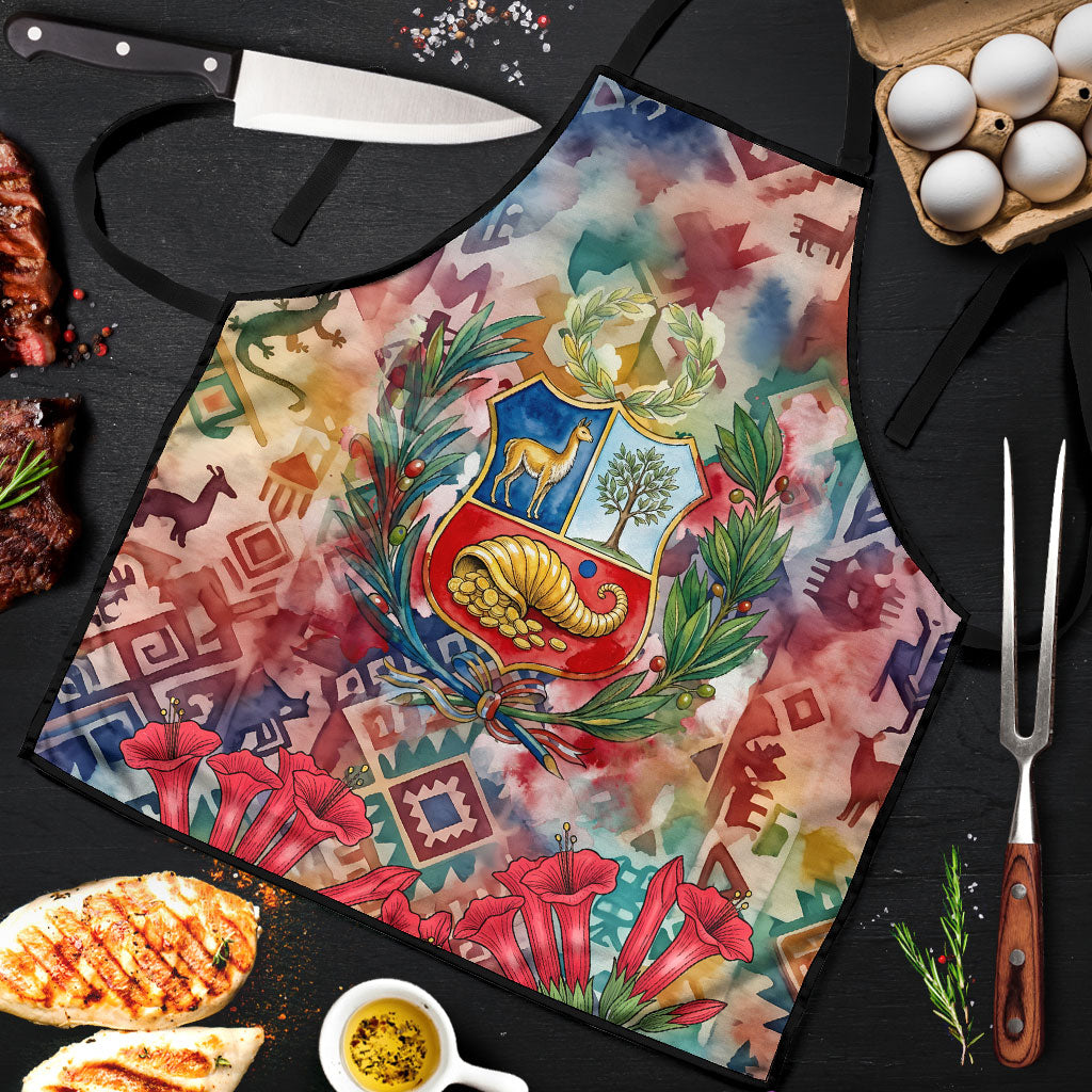 Peru National Emblem Marinera Apron Watercolor Splash Inca Pattern